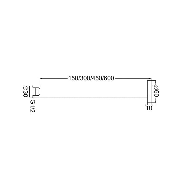 Nero Square Ceiling Mounted Shower Arms, Various Lengths Chrome