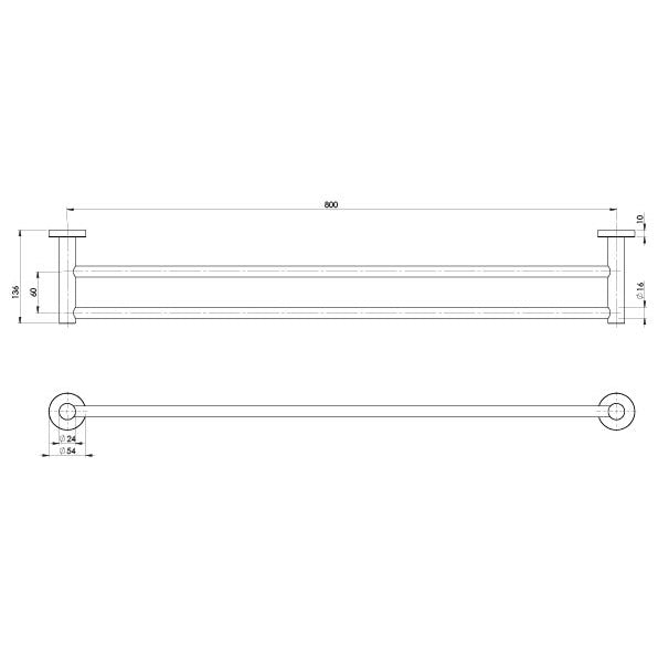 Radii Double Towel Rail 800mm Round Plate - Brushed Gold