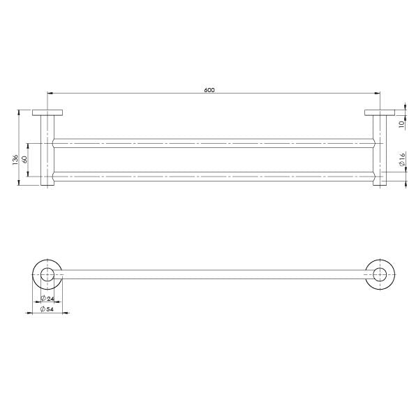 Radii Double Towel Rail 600mm Round Plate - Matte Black
