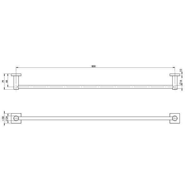 Radii Single Towel Rail 800mm Square Plate - Brushed Nickel