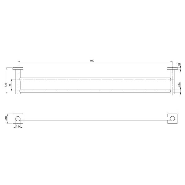 Radii Double Towel Rail 800mm Square Plate - Chrome