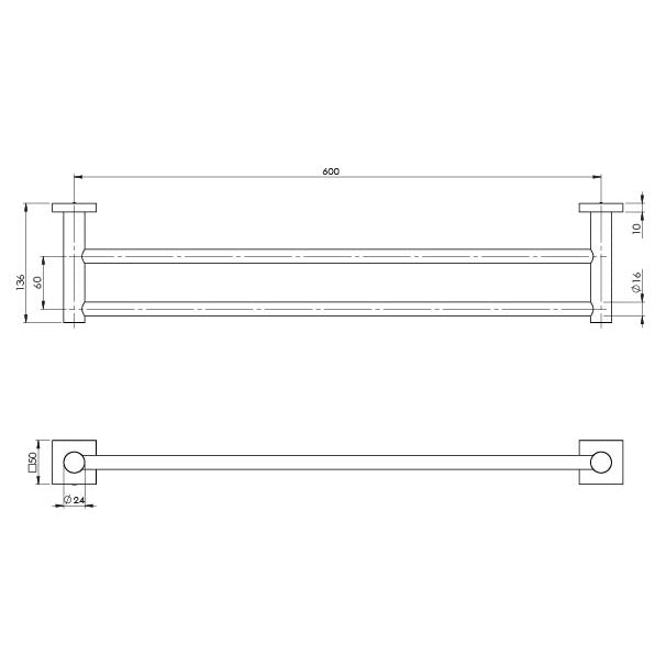 Radii Double Towel Rail 600mm Square Plate - Matte Black