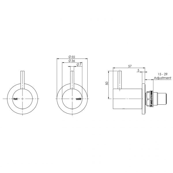 Phoenix Vivid Slimline Wall Top Assemblies 15mm Extended Spindles - Chrome