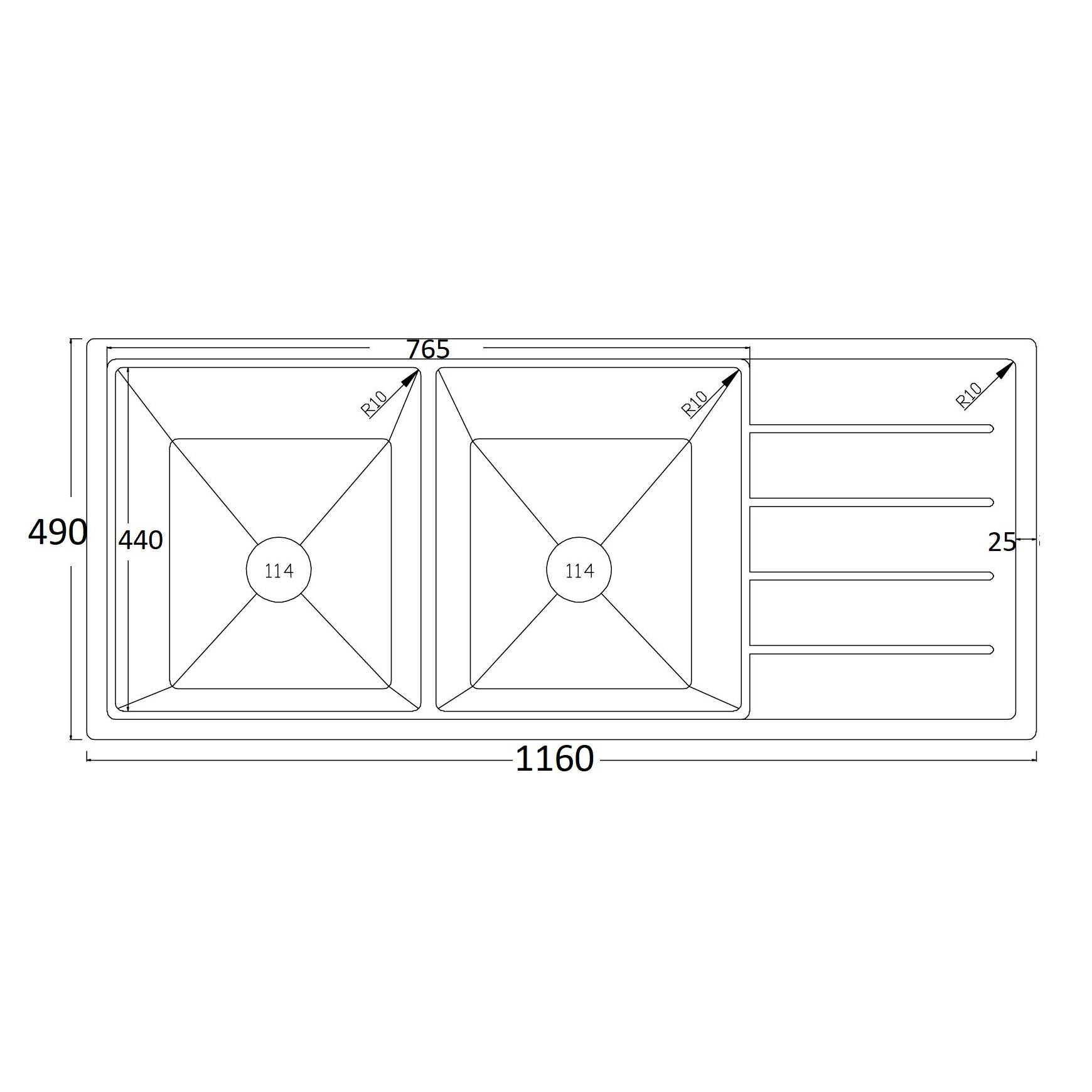 Rokette Double Bowl with Drainer, Top / Undermount Sink, Carbon 1160mm x 490mm