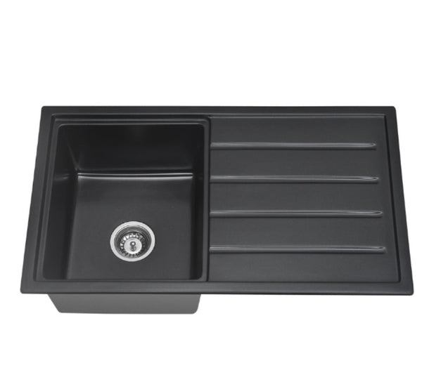 Rokette Single Bowl with Drainer Top Undermount Sink Carbon 860mm Bathware Direct