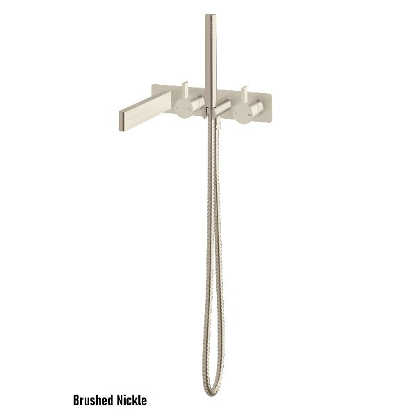Sussex Calibre Wall Bath Mixer with Handshower - RH 200mm outlet Brushed Nickel -CLEARANCE