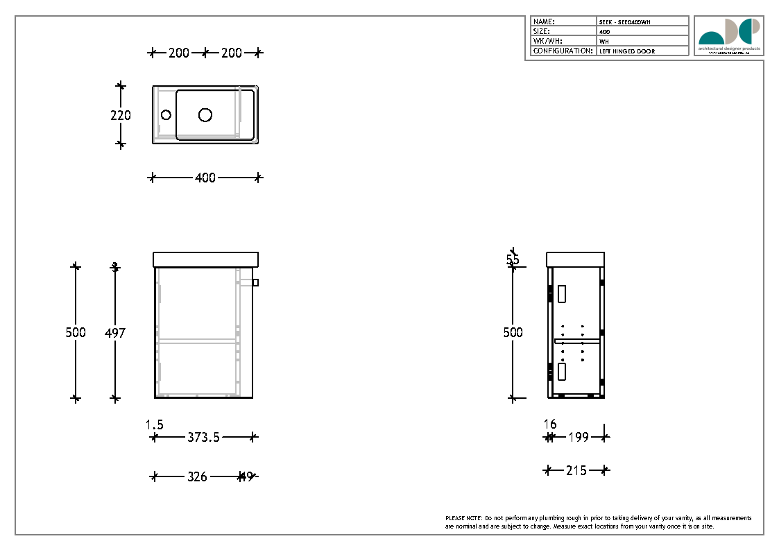 Seek 400mm Wall Hung Vanity - White Basin