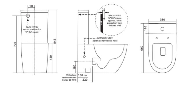 Arko Raised Height Clean Flush Toilet Suite - Flat Seat