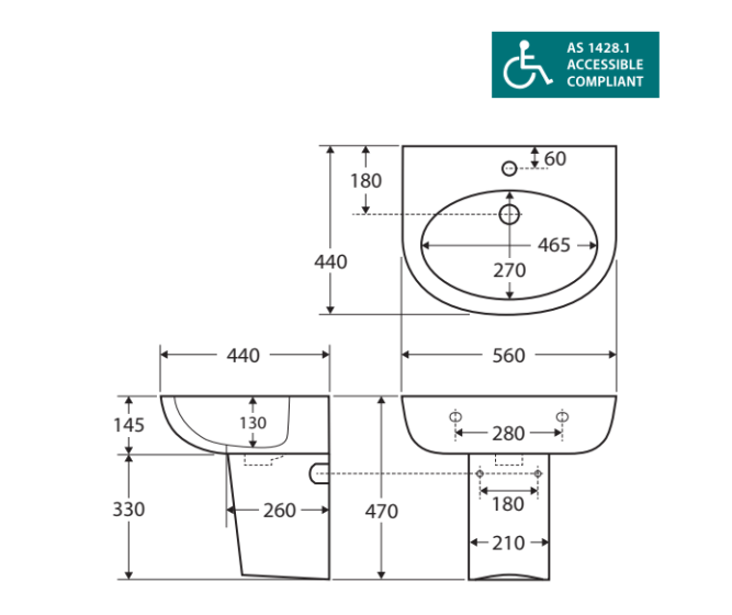 Fienza Stella Care Wall Basin with Integral Shroud - One Taphole