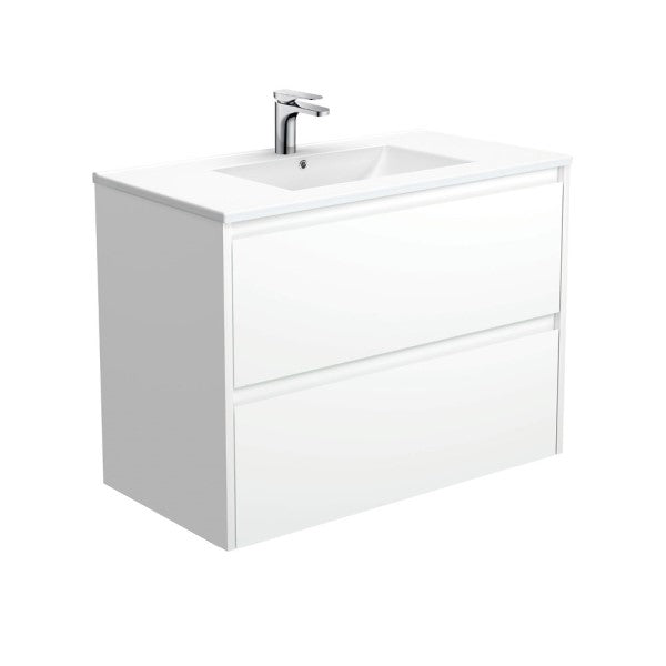 Dolce Amato 900mm Wall Hung Vanity with Ceramic Top - Satin White