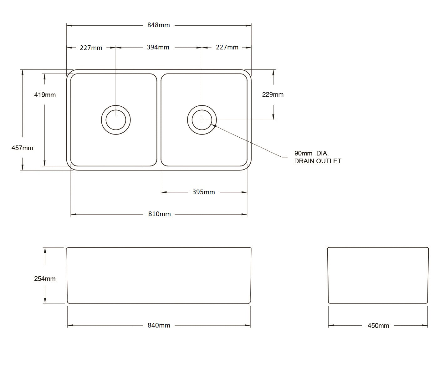 Turner Hastings Novi 85 x 46 Fireclay Double Butler Sink - White // NO85FS