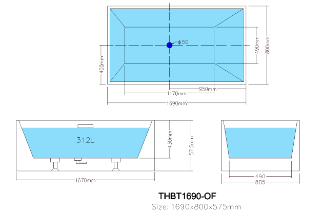 Theo Multifit KBT-9 Freestanding Bath, (With Overflow) White Gloss - 1400/1480/1690mm