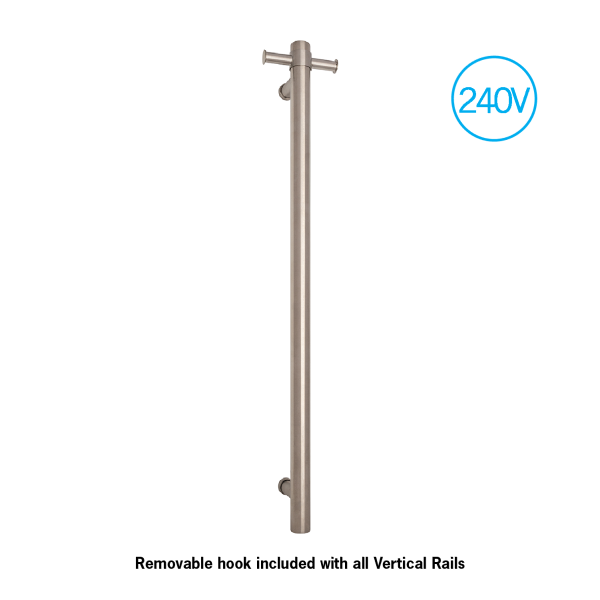Thermorail Round Vertical Single Bar Heated Towel Rail with Optional Hook VSH900HBR - Brushed Stainless