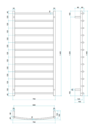 Thermorail Curved Round 700mm x 1400mm Heated Ladder Towel Rail - Polished CR69M
