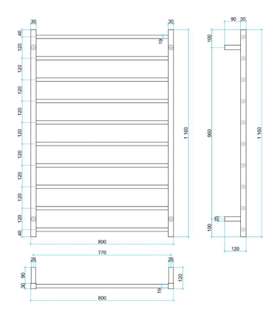 Thermorail Straight Square 800mm x 1160mm Heated Ladder Towel Rail - Matte Black SS88MB