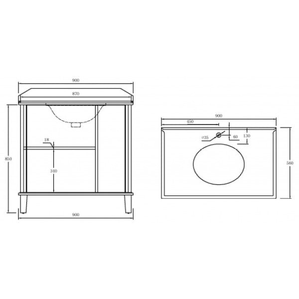 Turner Hastings Coventry 900mm Satin White Vanity, Marble Top