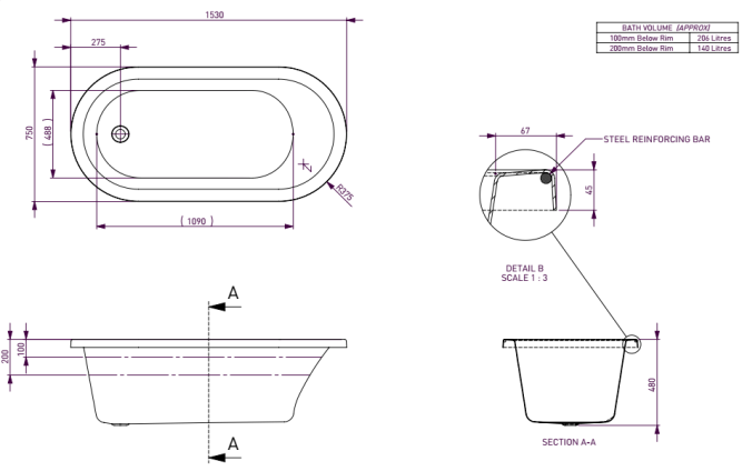 Decina Uno 1530mm Drop In  / Island Bath - White