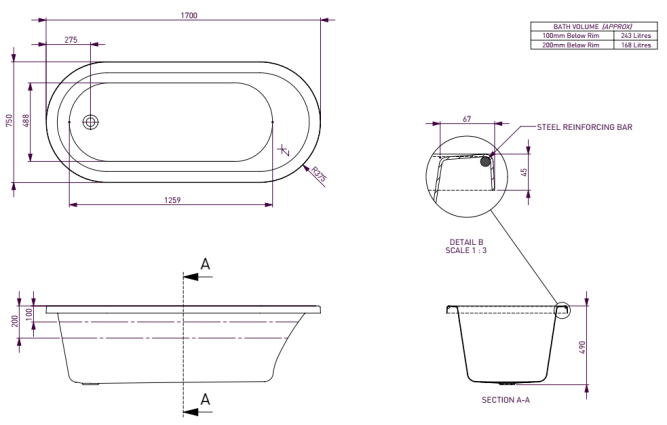 Decina Uno 1700mm Drop In  / Island Bath - White