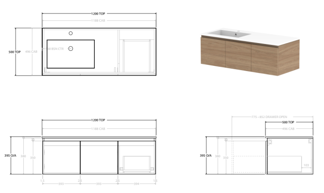 Glacier Lite 1200mm Slim Vanity, CastMarble Top, Bowl Options
