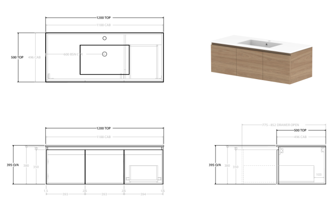 Glacier Lite 1200mm Slim Vanity, CastMarble Top, Bowl Options