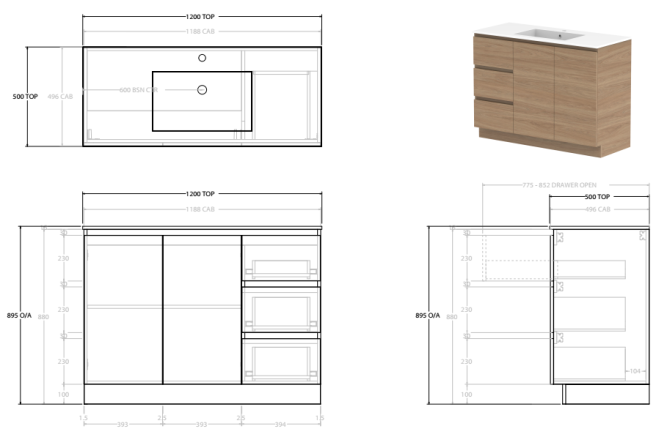 Glacier Lite Trio 1200mm Vanity, CastMarble Top, Bowl Options