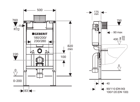 Geberit Kappa Under Counter Duofix Inwall Cistern & Frame - suits wall hung pans