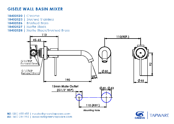 Greens Gisele Wall Basin Mixer - Brushed Stainless