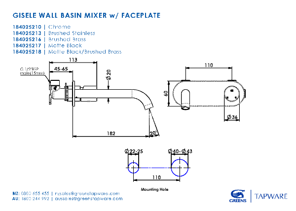 Greens Gisele Wall Basin Mixer w/ Faceplate - Matte Black