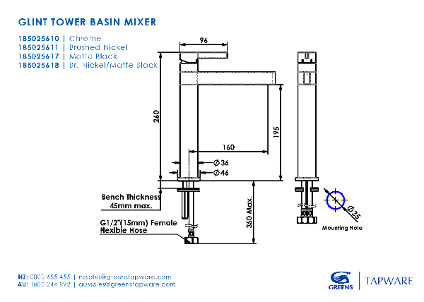 Greens Glint Tower Basin Mixer - Swivel, Chrome