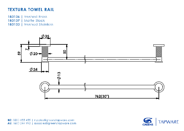 Greens Textura Single Towel Rail 762mm - Brushed Brass