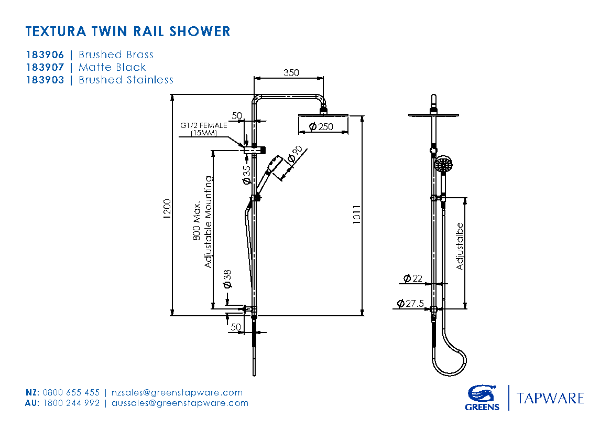 Greens Textura Combination Twin Rail Shower - Brushed Stainless
