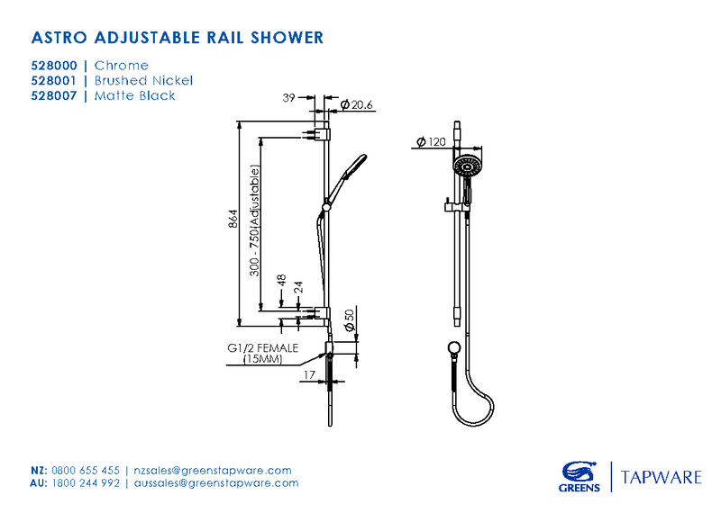 Greens Astro Adjustable Rail Shower - Brushed Nickel