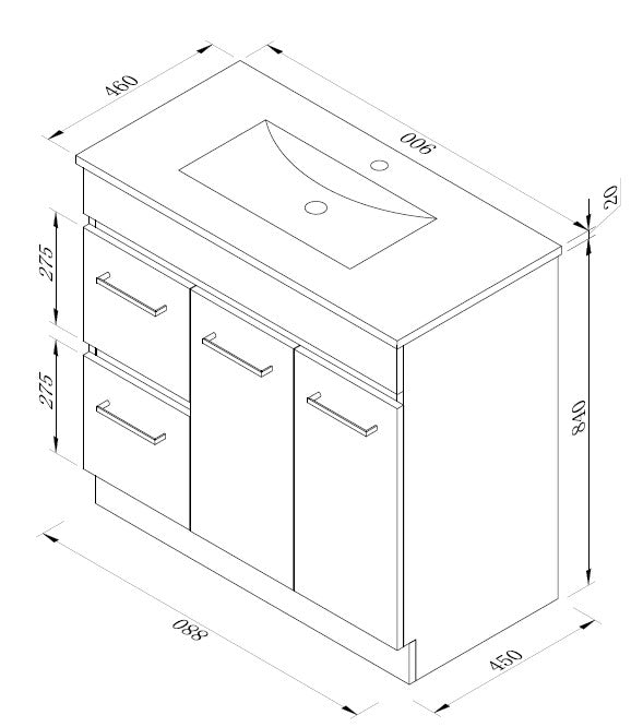 Metis 900mm Vanity with Slim China Top, 1th