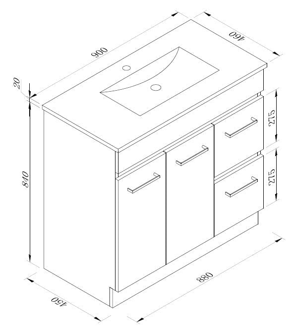 Metis 900mm Vanity with Slim China Top, 1th