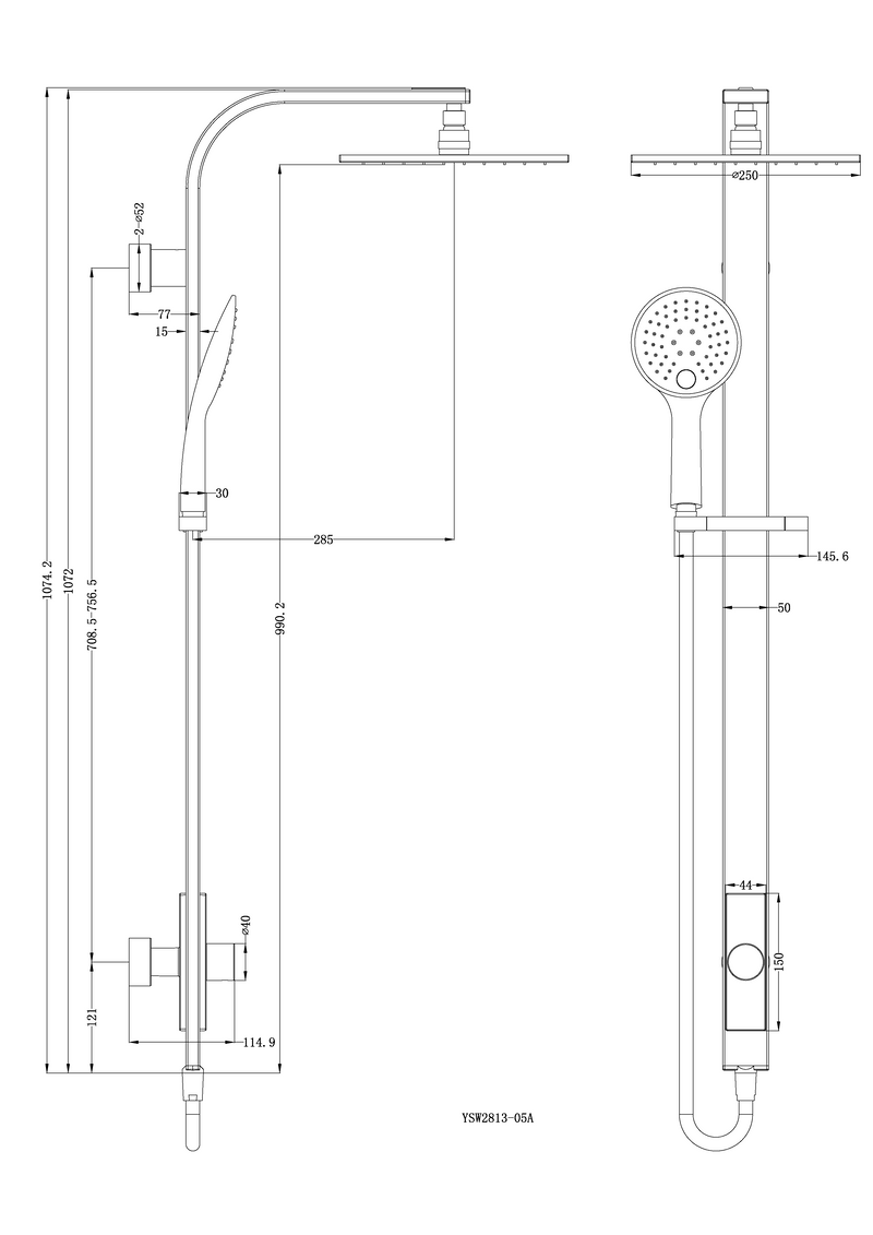 Rain Round Overhead Shower and Handshower on Column, Single Hose. Chrome