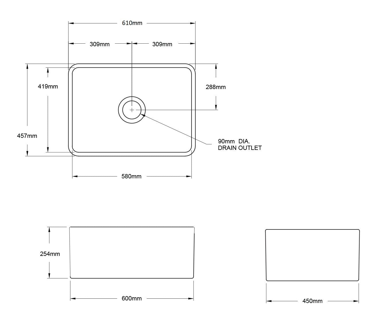 Turner Hastings Novi 60 x 46 Fireclay Single Butler Sink - Matte Black NO60FS-MB