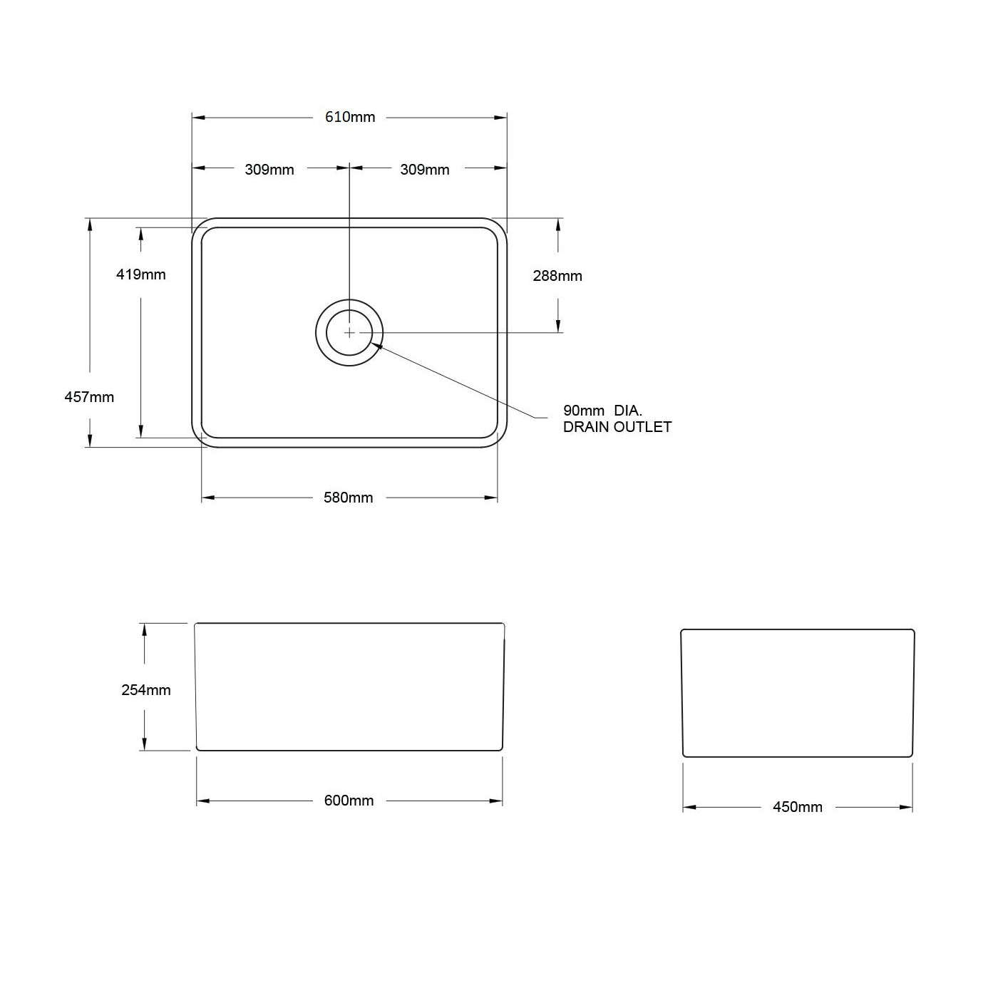Turner Hastings Novi 60 x 46 Fireclay Single Butler Sink - White
