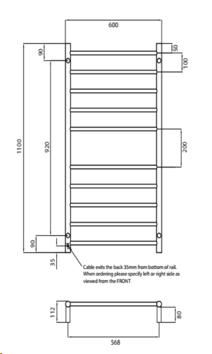 Radiant BRU-RTR02 Round Heated Ladder - 600 x 1100, Satin Brushed