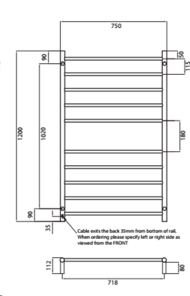 Radiant BRTR04 Round Heated Ladder - 750 x 1200, Matte Black