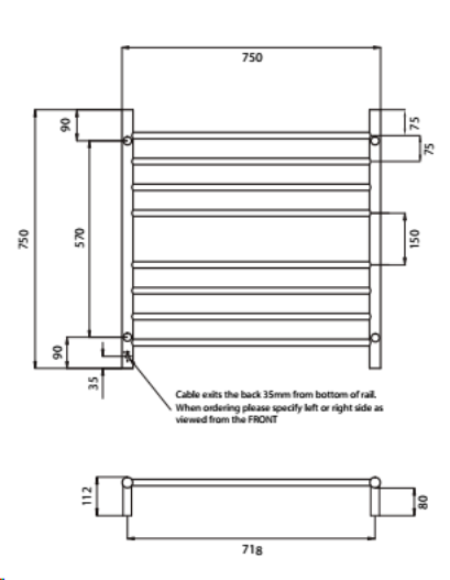 Radiant BRU-RTR06 Round Heated Ladder - 750 x 750, Satin Brushed