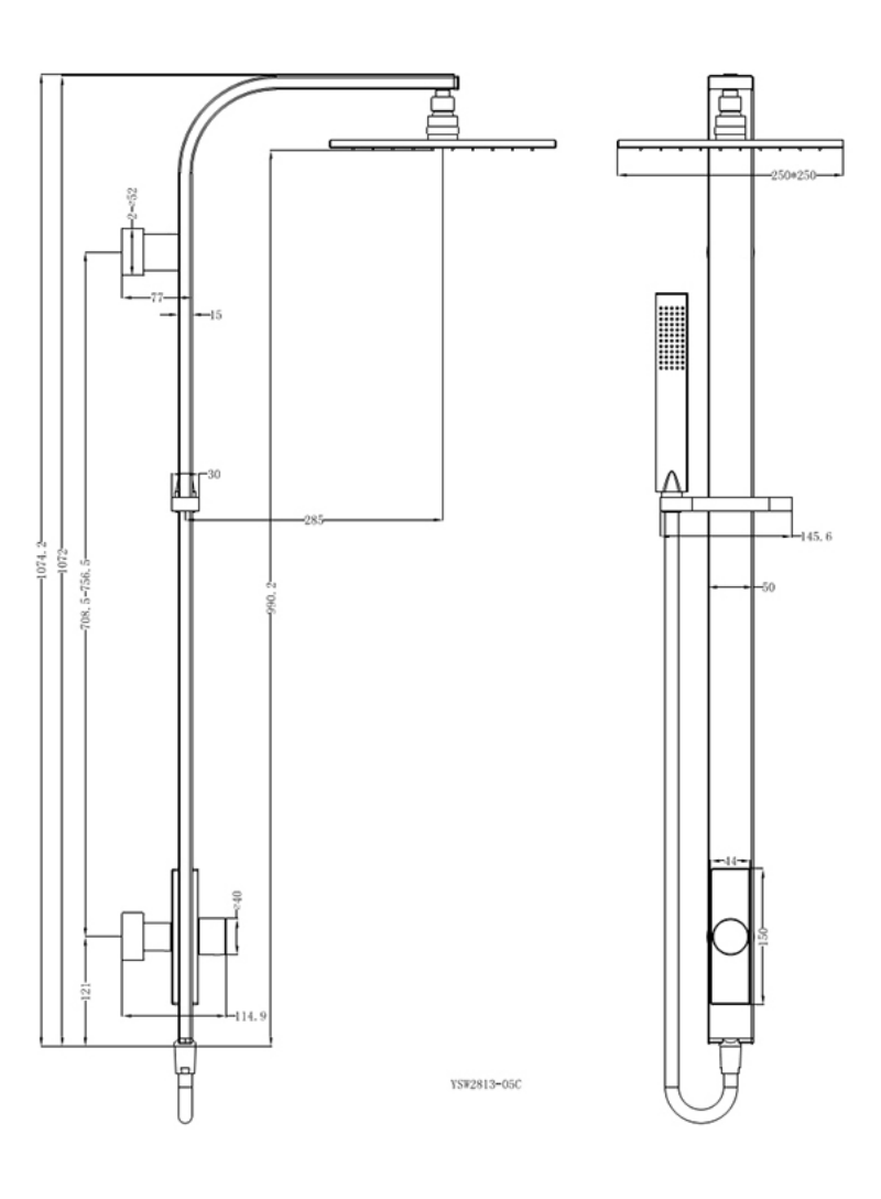 Rain Square Overhead Shower and Handshower on Column, Single Hose. Chrome